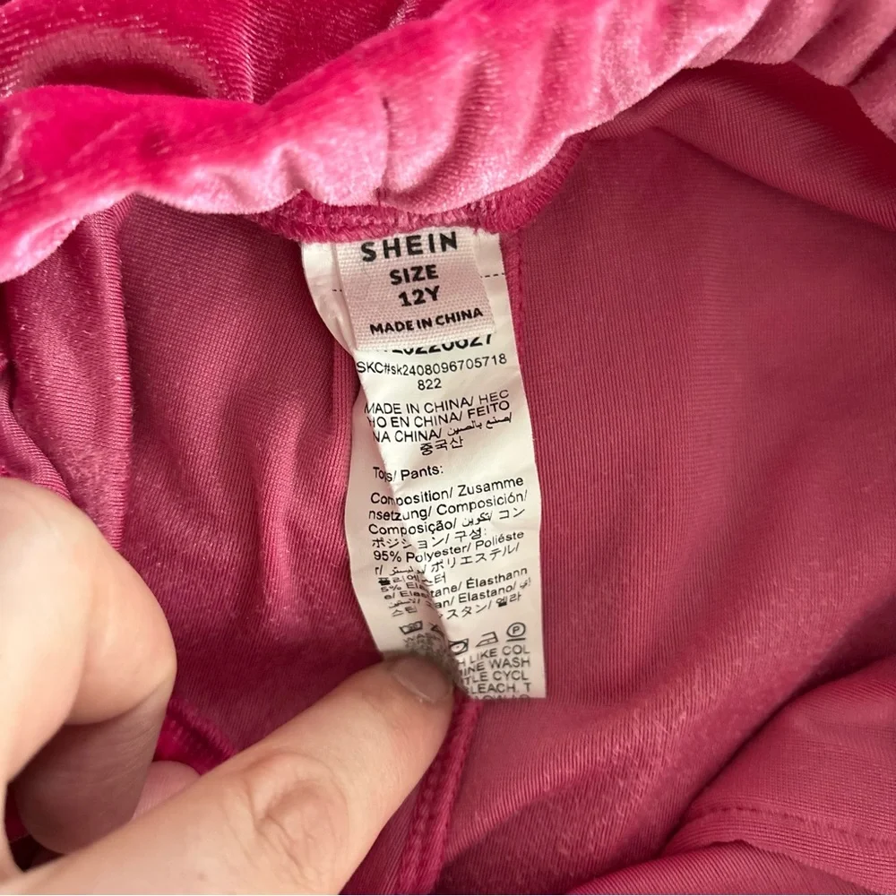 SHEIN Fuchsia Girls Velour‎ Zip-Up Hoodie Tracksuit Set Size 12
